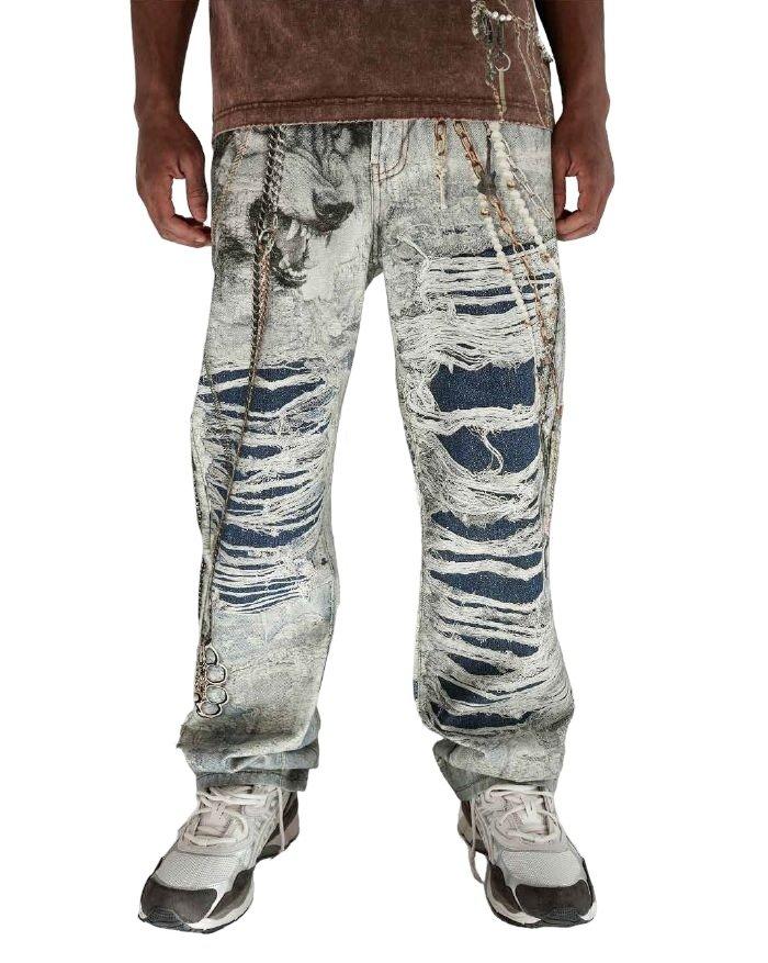 Preme Men's Canvas Print Chain Rip Pants - Indigo